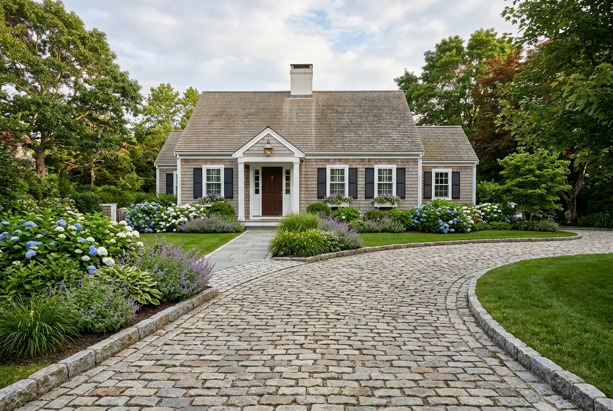 Cobblestone-edged paver driveway at a Cape Cod home