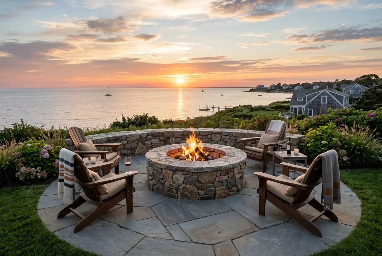 Round stone fire pit on a bluestone patio at dusk