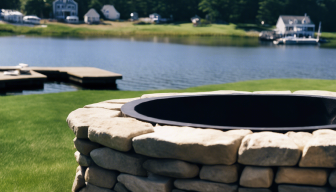 Round stone fire pit with a rustic look, perfect for gathering around on cool evenings. Designed and built by Cape Cod Hardscapes