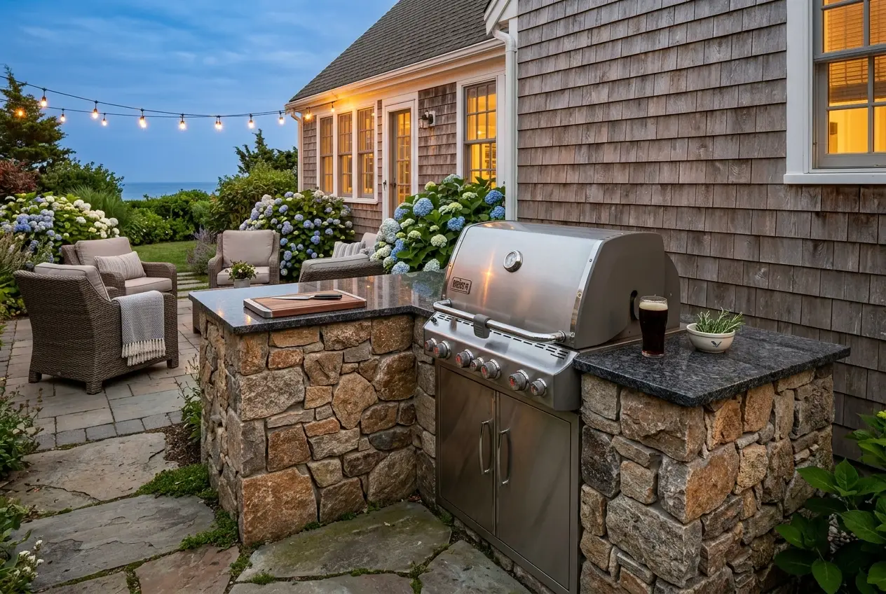 Stone grill surround with counter space on a patio