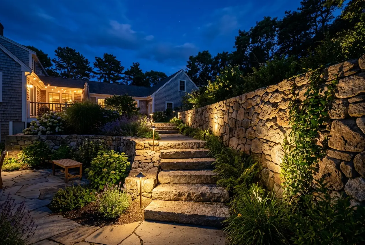 Warm landscape lighting washing over a stone wall at night