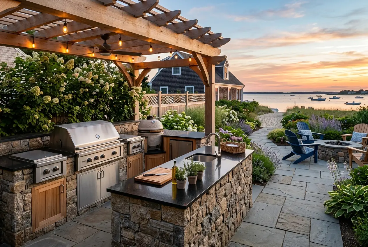 Outdoor kitchen with stone veneer and granite countertop