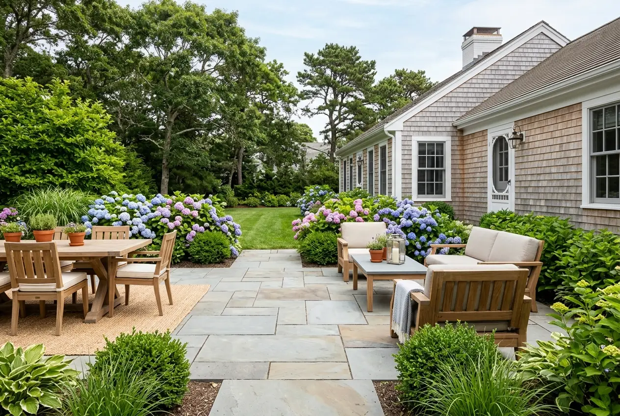 Bluestone patio behind a shingled Cape Cod home