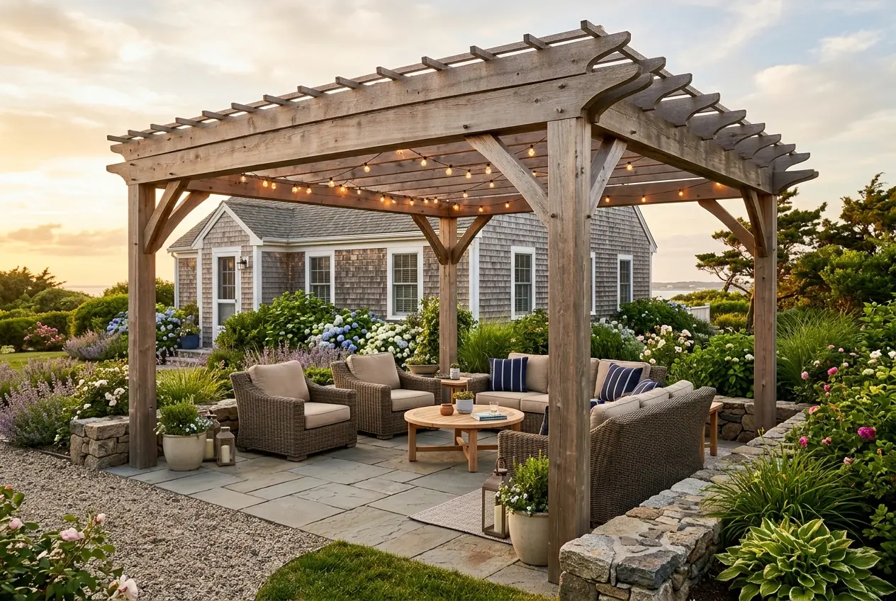 Cedar pergola over a stone patio seating area