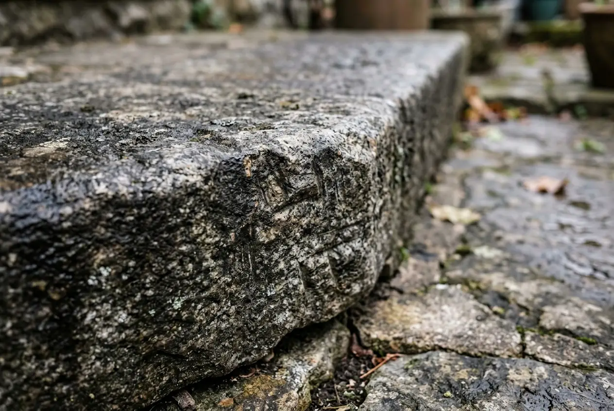 Reclaimed granite step with weathered surface