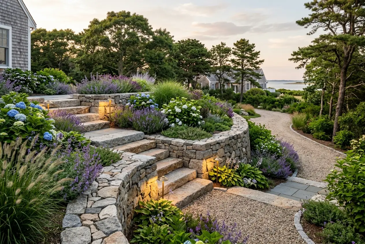 Fieldstone retaining wall holding a terraced coastal garden