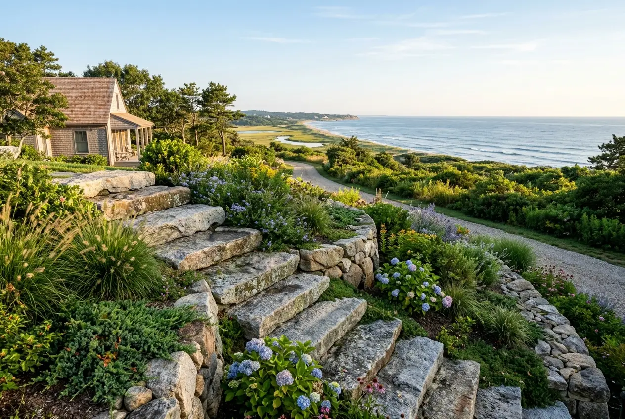 Reclaimed granite steps set into a landscaped slope