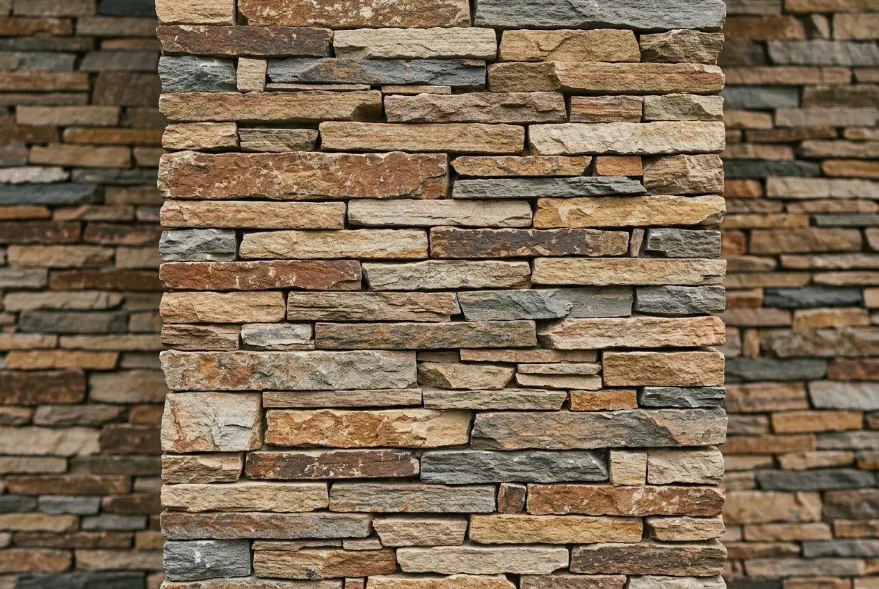 Thin stone veneer panels in mixed earth tones
