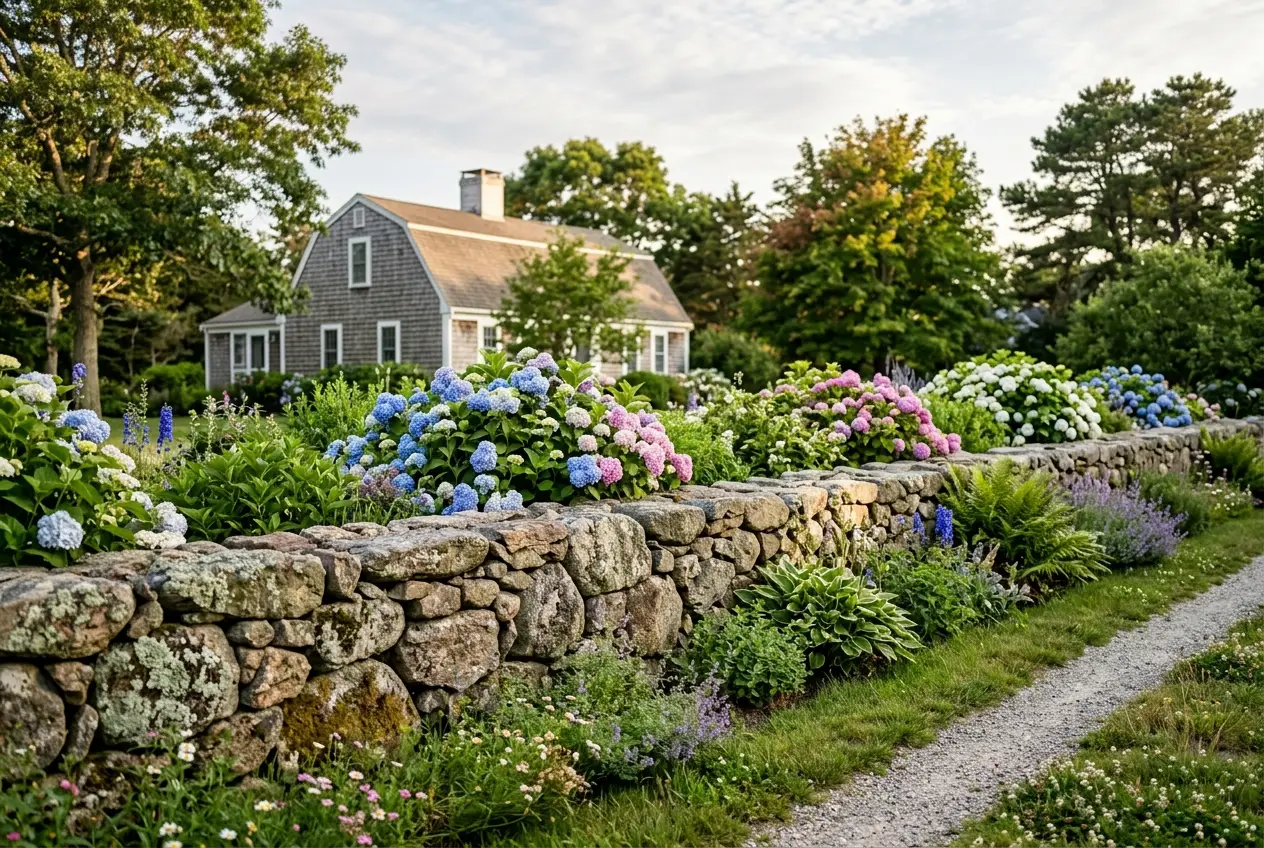 Dry-laid fieldstone garden wall along a lawn