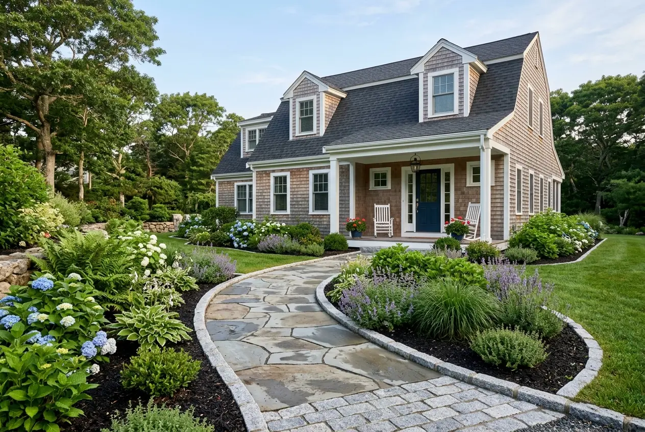 Granite and bluestone walkway leading to a front entry
