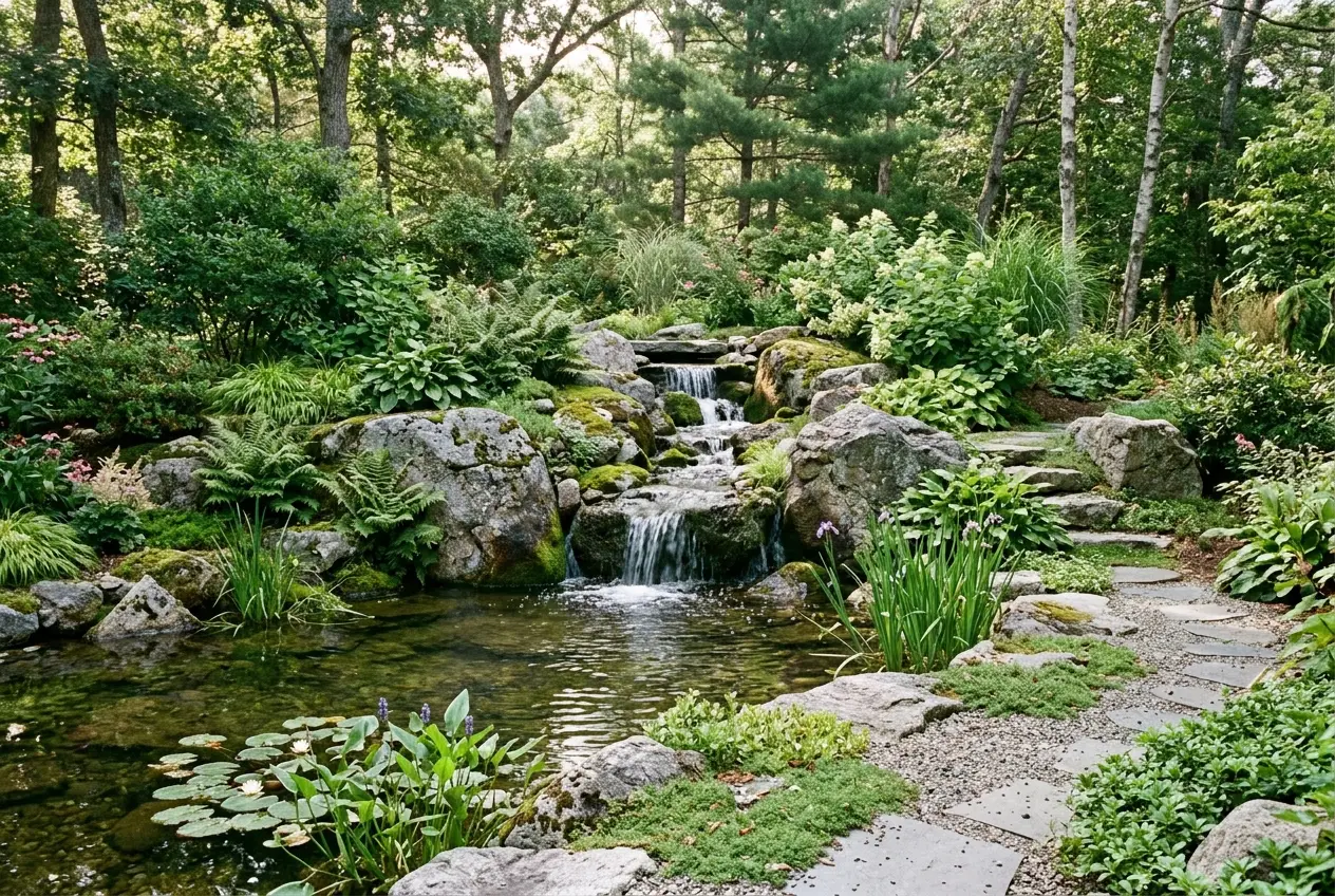 Natural stone waterfall and pond in a coastal garden